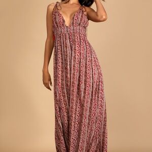 Lulus Field Day Brick Red Floral Print Tie-strap Maxi Dress - Size M